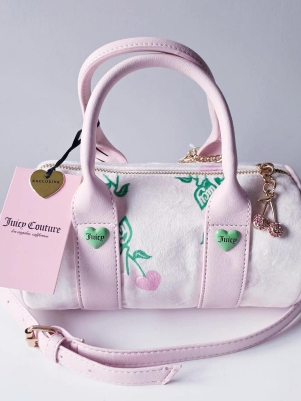 Juicy Couture Pink Cherry Mini Barrel Bag with Green Heart Accents